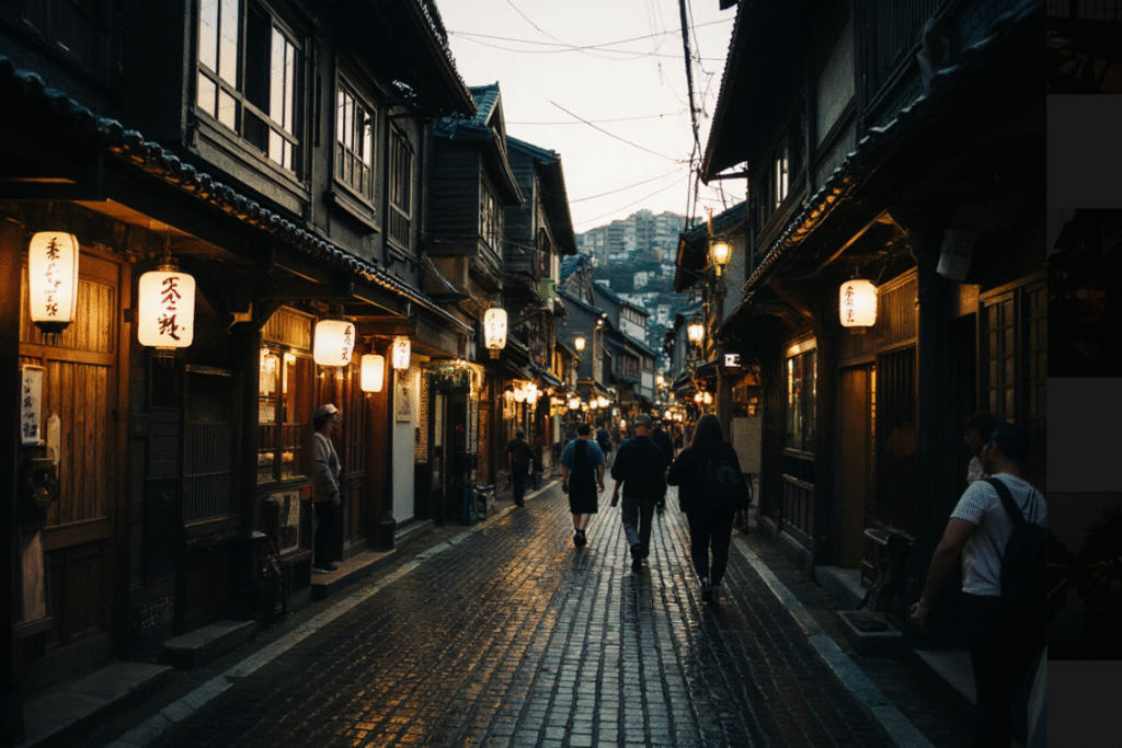 Pontocho alley at night with traditional lanterns and restaurants