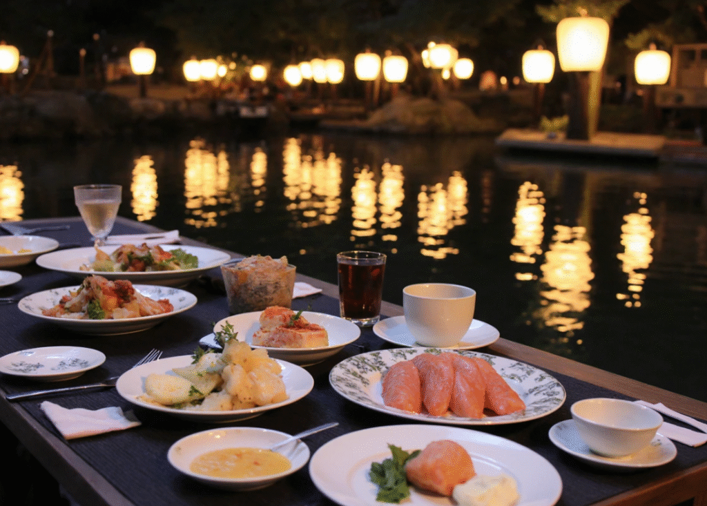 Night view of Kawayuka platforms along the Kamo River in Pontocho, illuminated during the Noryo-yuka season.
