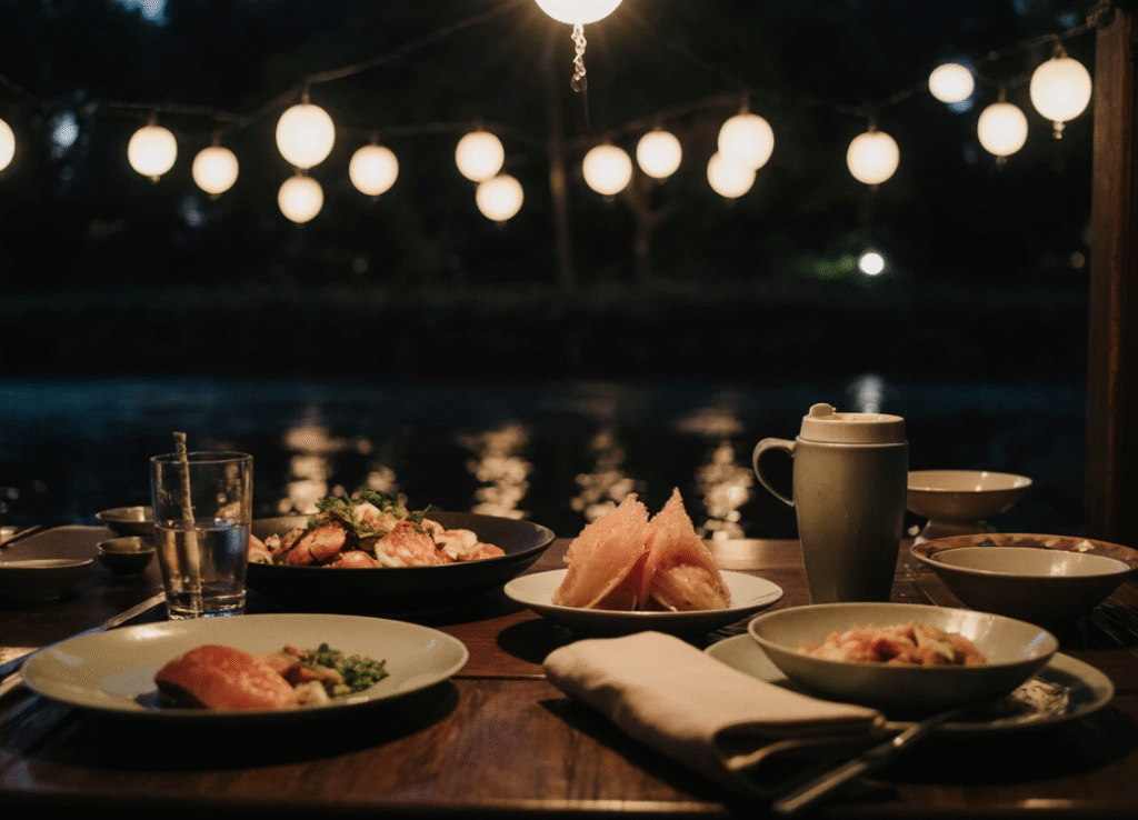 Traditional Pontocho architecture with Kawayuka platforms set along the Kamo River, offering riverside dining during the summer season.