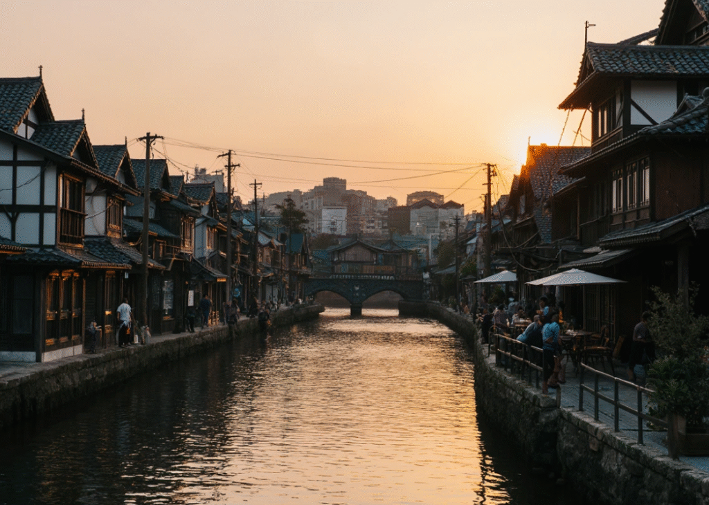 Kamogawa River view with Pontocho district in the background at sunset, walking path along the river
