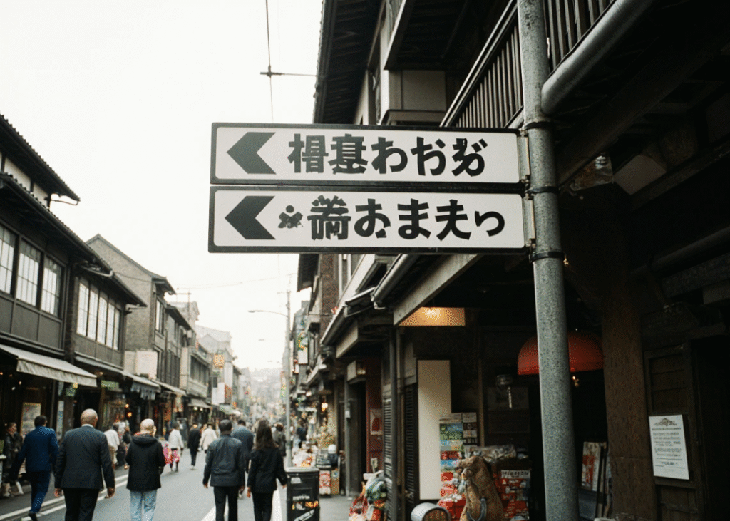 Street signs in Kyoto pointing to Pontocho, directions from Kyoto Station and nearby stations