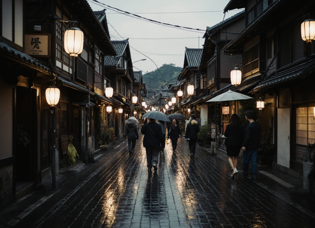 Street in Kyoto leading to Pontocho at dusk with lanterns and traditional architecture, showcasing Kyoto's atmosphere