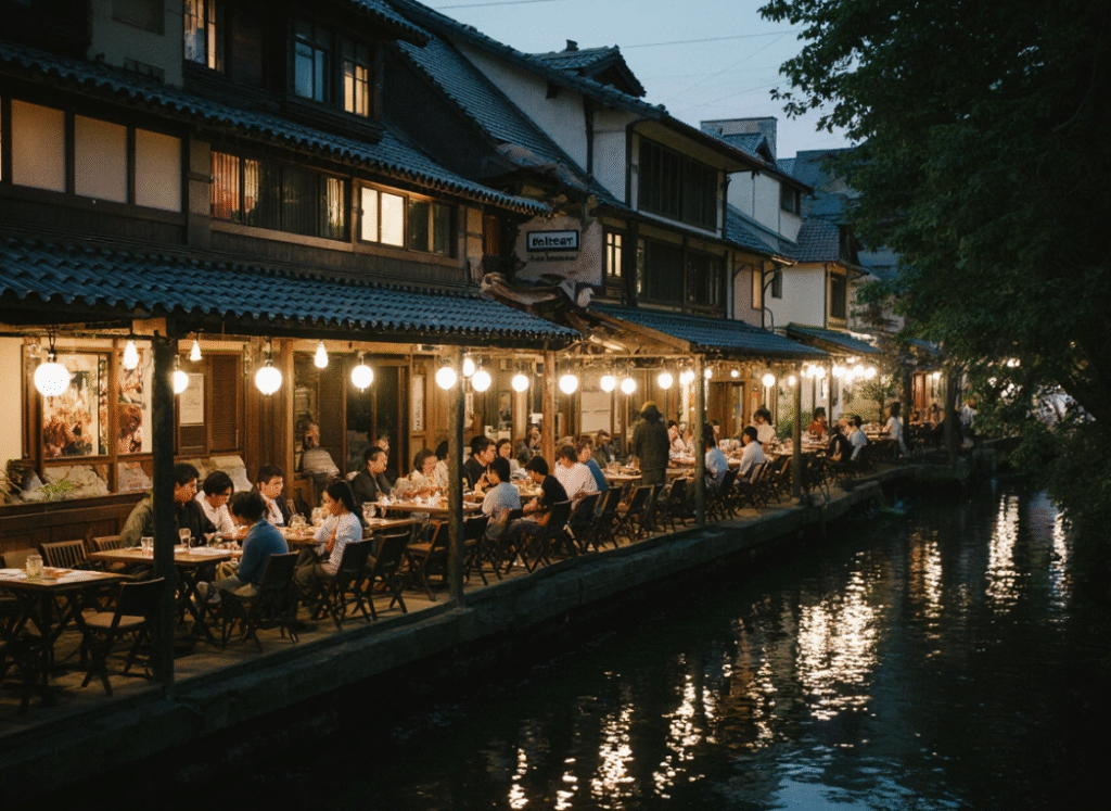 Kawayuka Pontocho riverside dining platforms along the Kamo River, with diners enjoying the summer atmosphere during Kawayuka season.