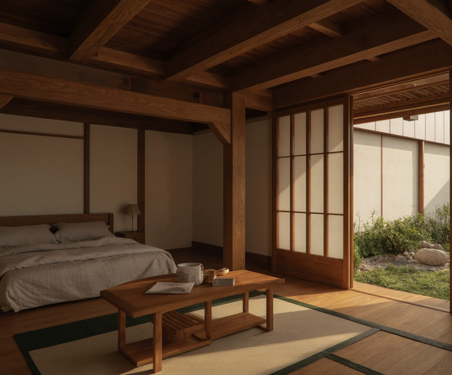 Interior of a Kyoto Machiya house with Unagi no Nedoko (eel bed) feature, tatami mats, low wooden table, and sliding doors to Tsuboniwa garden.