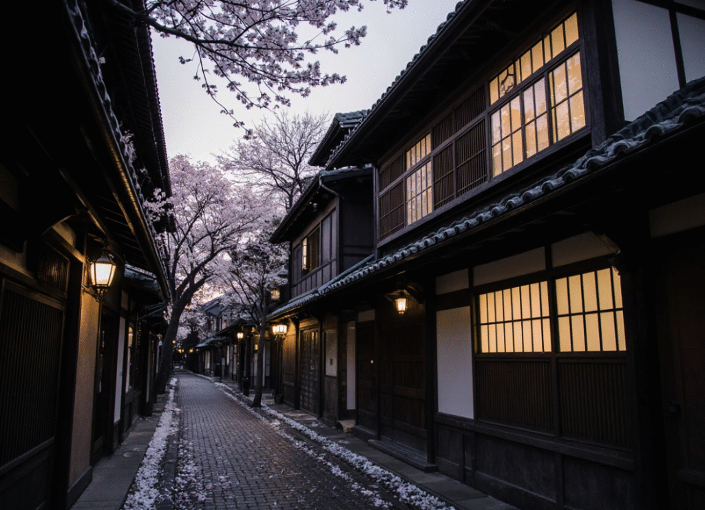 Traditional Machiya house in Pontocho, Kyoto at dusk, showcasing wooden architecture, narrow structure, and warm light from the windows.