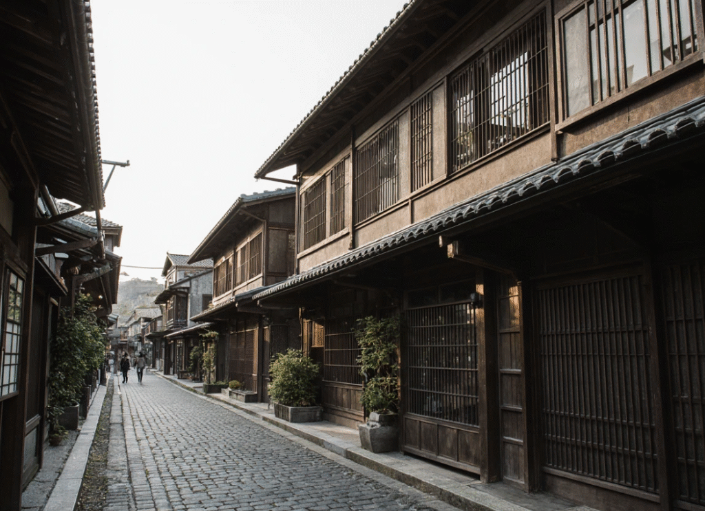Machiya house under restoration in Kyoto, with scaffolding and construction crew working on the wooden facade, preserving traditional Kyoto architecture.