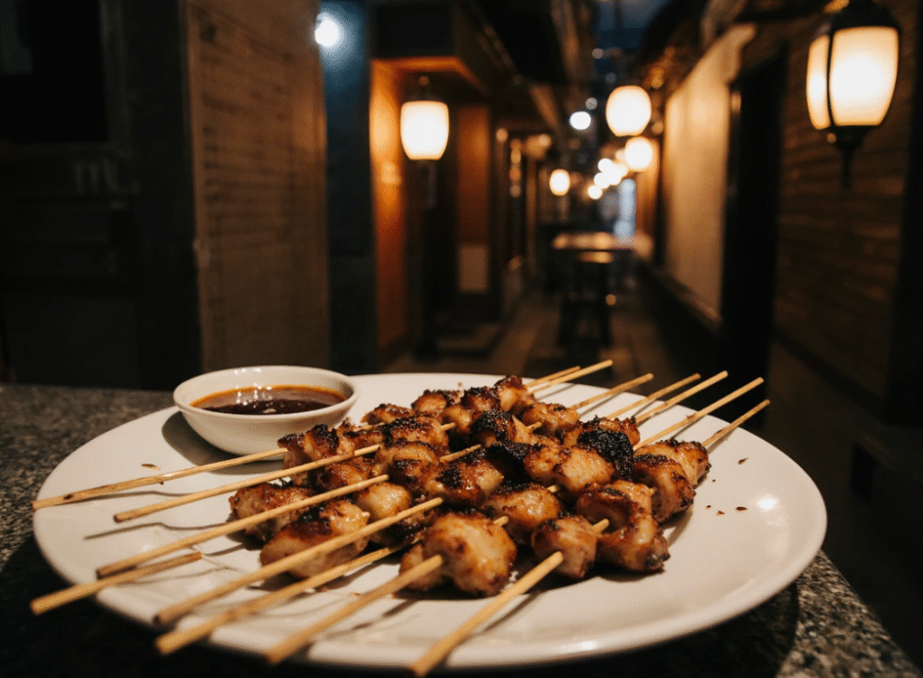 Close-up of yakitori chicken skewers served at a Pontocho restaurant, with charred grill marks and dipping sauce.