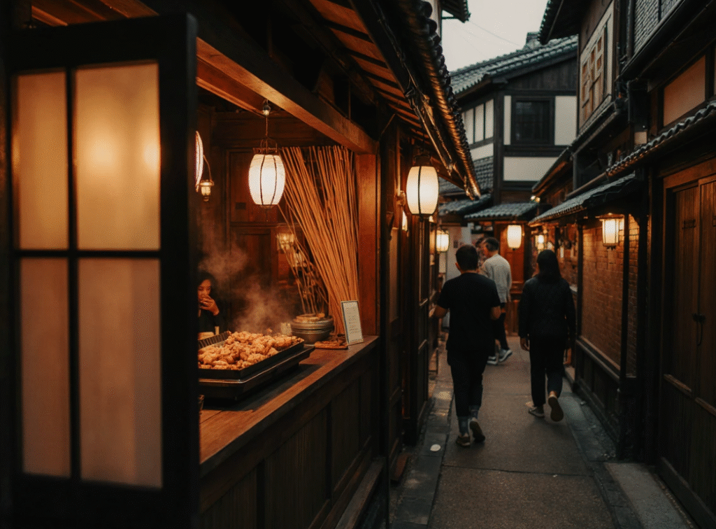 Pontocho Yakitori restaurant in Kyoto with traditional wooden interiors and grilled chicken skewers over a charcoal grill.