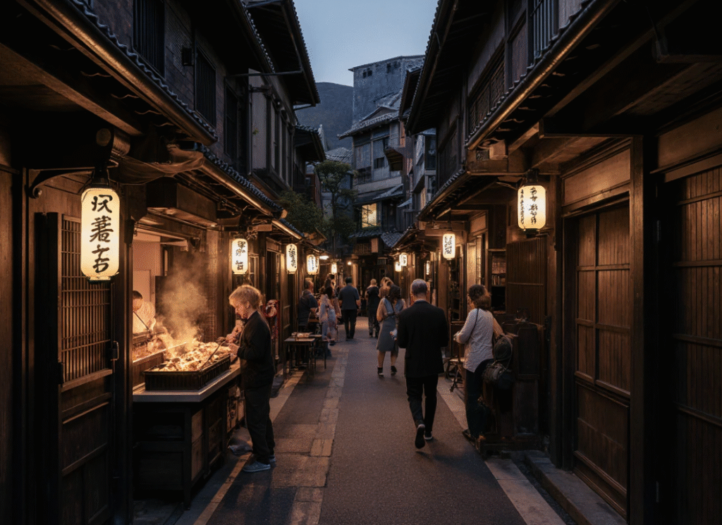 Vibrant evening scene in Pontocho, Kyoto, with yakitori restaurant serving grilled chicken skewers under lantern light.