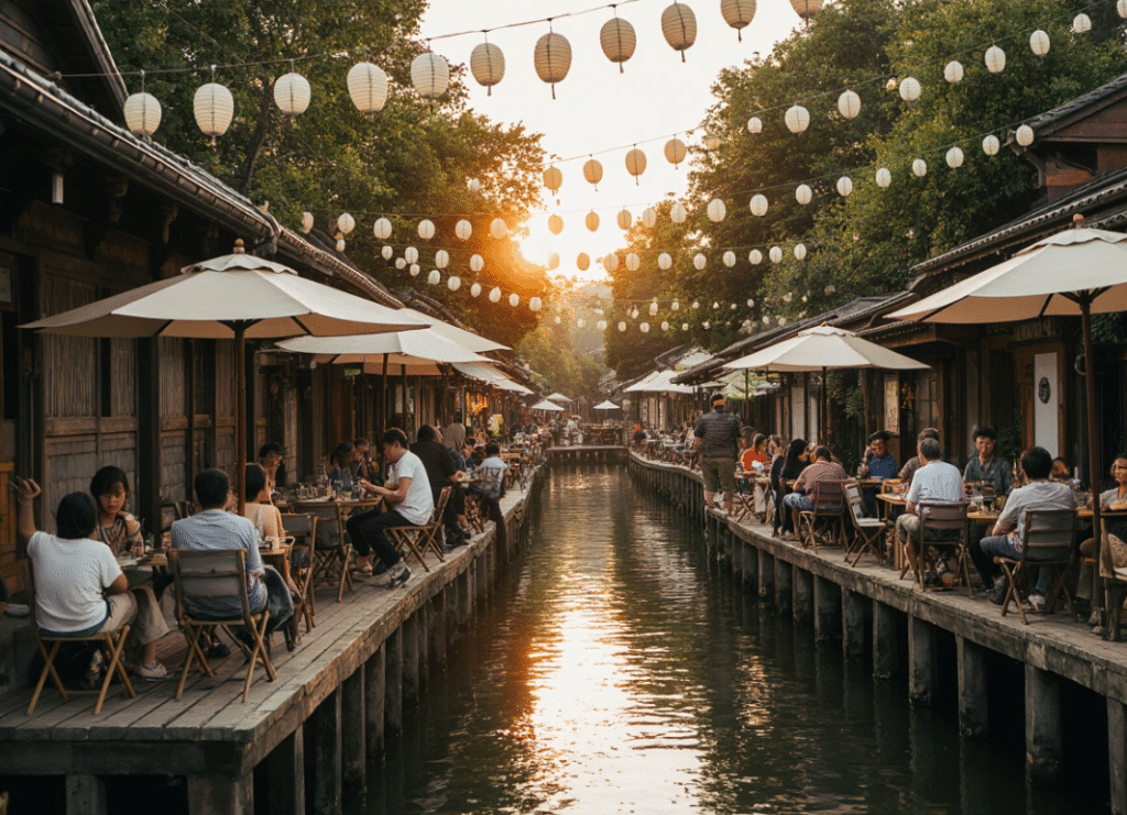Traditional Japanese meal served at a Kawayuka platform in Pontocho, Kyoto, during the Kawayuka riverside dining season.