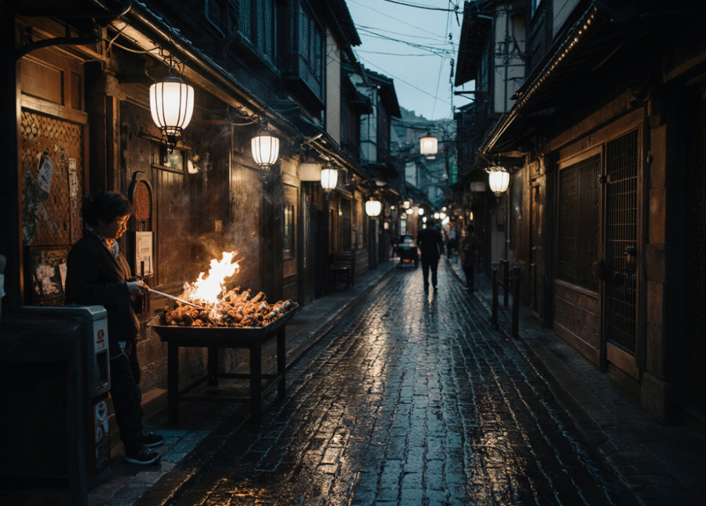 Traditional yakitori vendor grilling chicken skewers in Pontocho, Kyoto, with a narrow street and paper lanterns in the background.