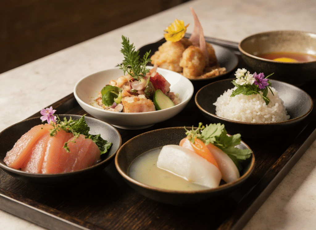Close-up of beautifully arranged Kaiseki dishes on wooden tray, showcasing seasonal ingredients
