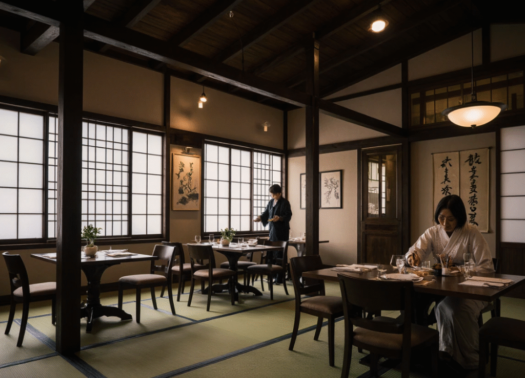 Interior of traditional Kaiseki restaurant in Pontocho, Kyoto with tatami mats and low wooden tables