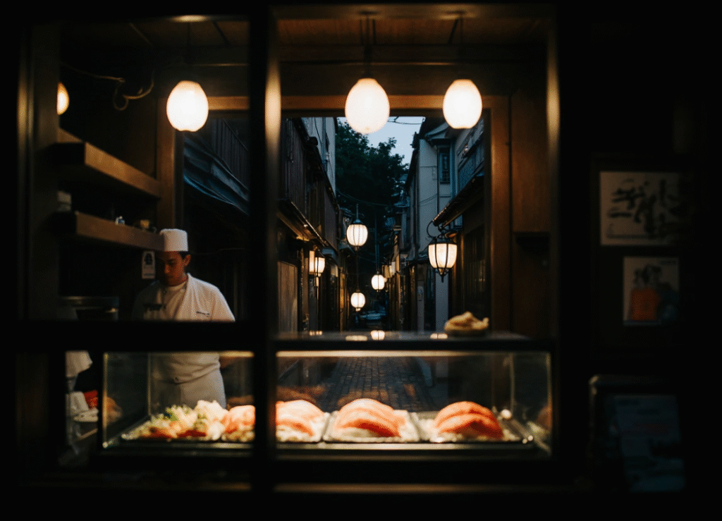Sushi bar in Pontocho district with traditional alley view, offering fresh Edomae sushi in Kyoto.