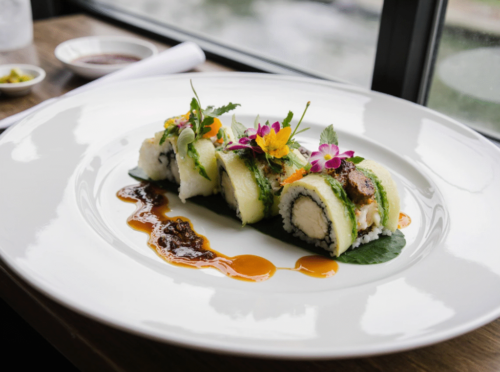 Modern fusion sushi with avocado and truffle oil served in a stylish Pontocho sushi restaurant in Kyoto.