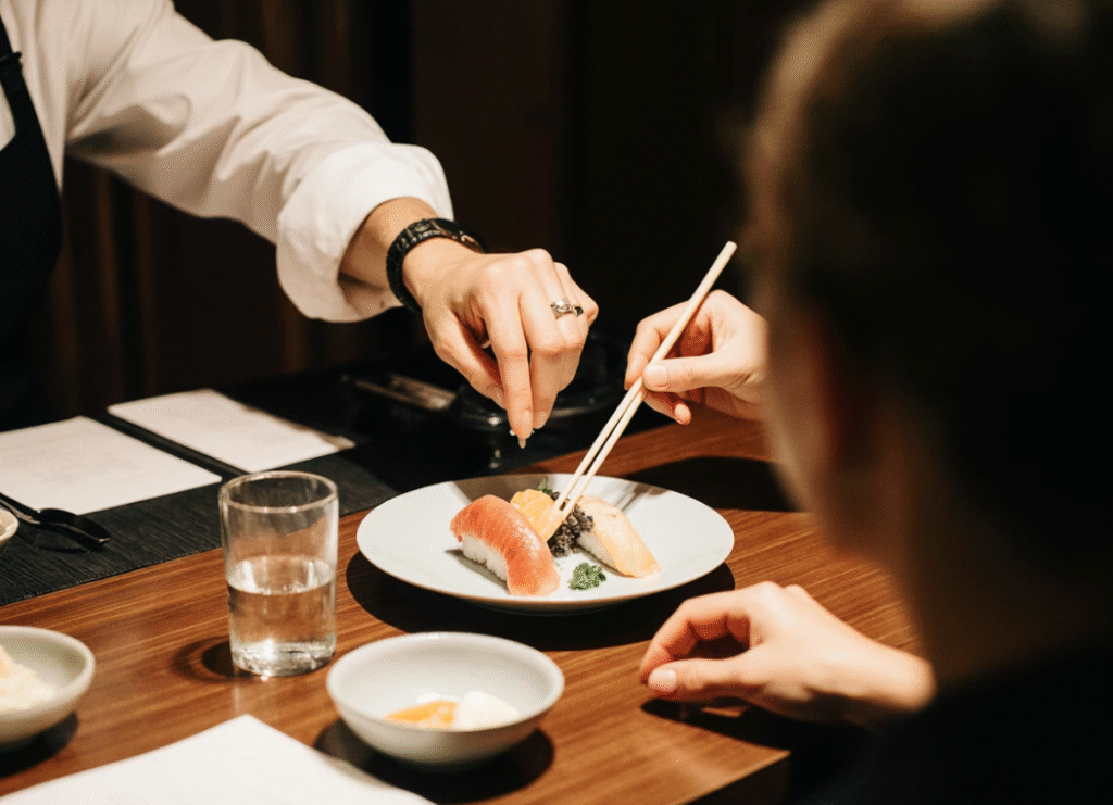 Omakase sushi dining experience at a top sushi restaurant in Pontocho, Kyoto, with fresh premium fish.