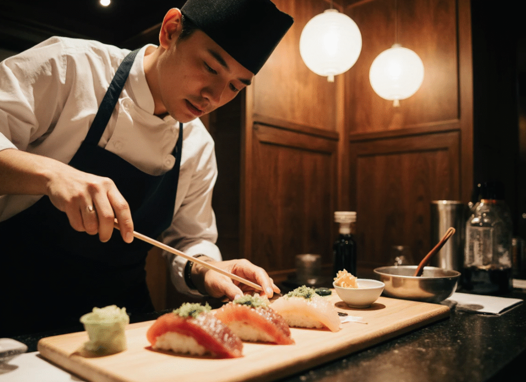Traditional Edomae sushi preparation at a Pontocho sushi restaurant in Kyoto, featuring fresh tuna and sea bream.