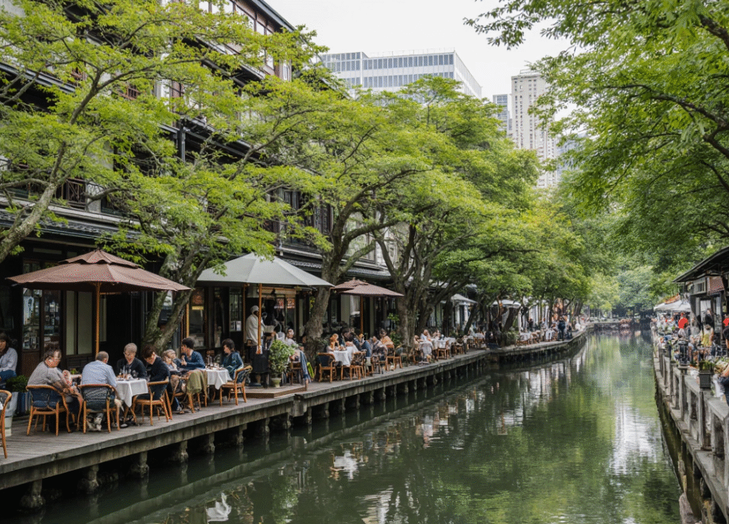 Riverside dining at Kawayuka Pontocho platforms, with a view of Kyoto city during the Kawayuka season from May to September.