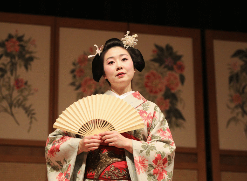 Kamogawa Odori Theater exterior at sunset, Kyoto.