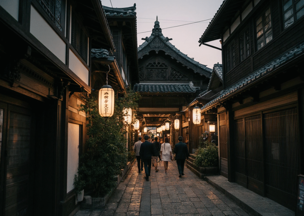 Kamogawa Odori Theater exterior at sunset, Kyoto.