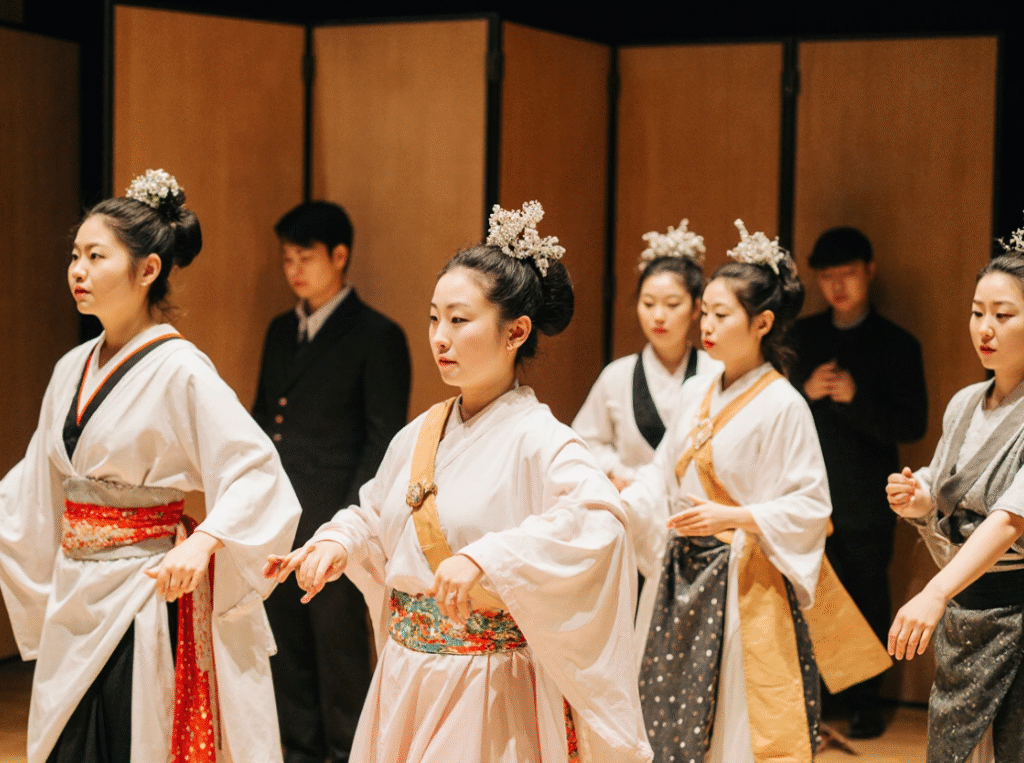 Kamogawa Odori dancers rehearsing backstage before a live performance.