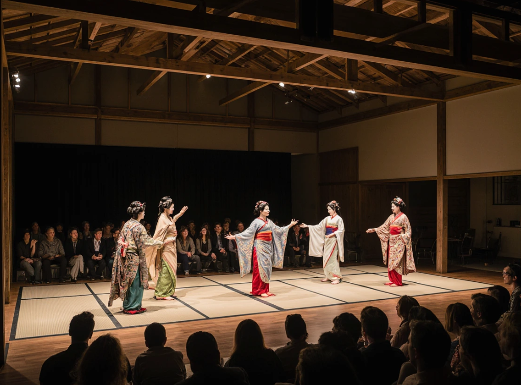 Kamogawa Odori dance performance inside Pontocho Kobu Kaburenjo Theater, with Geisha and Maiko performing on stage.