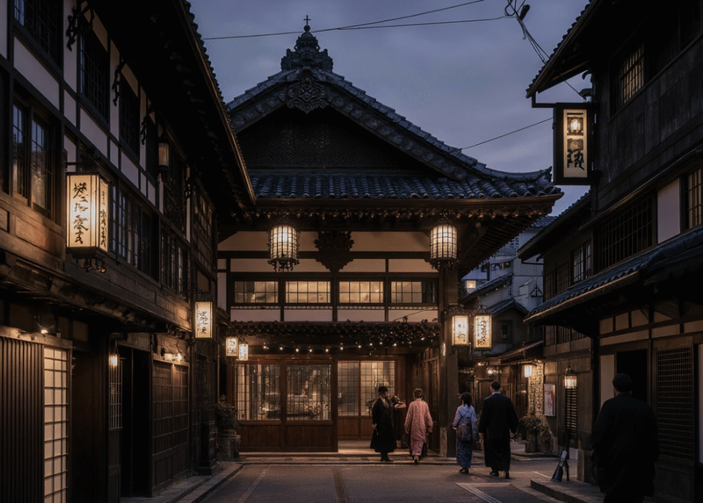 Traditional Pontocho Kobu Kaburenjo Theater illuminated at night, showcasing the historic architecture of Gion Kobu district.