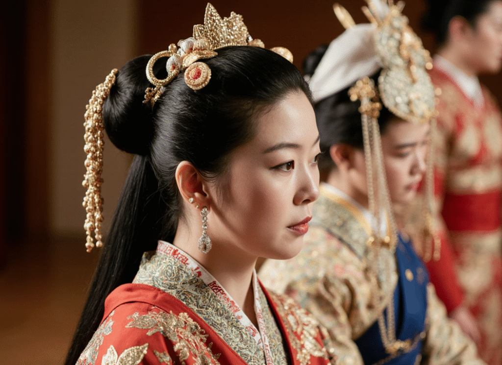 Close-up of Kamogawa Odori dance costumes worn by performers at Pontocho Kobu Kaburenjo Theater, showing intricate traditional details.