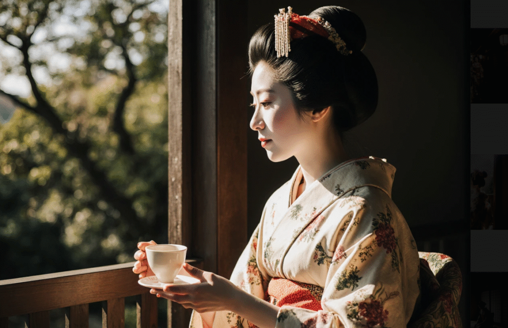 Kyoto geisha in Pontocho practicing tea ceremony etiquette in a traditional ochaya teahouse.