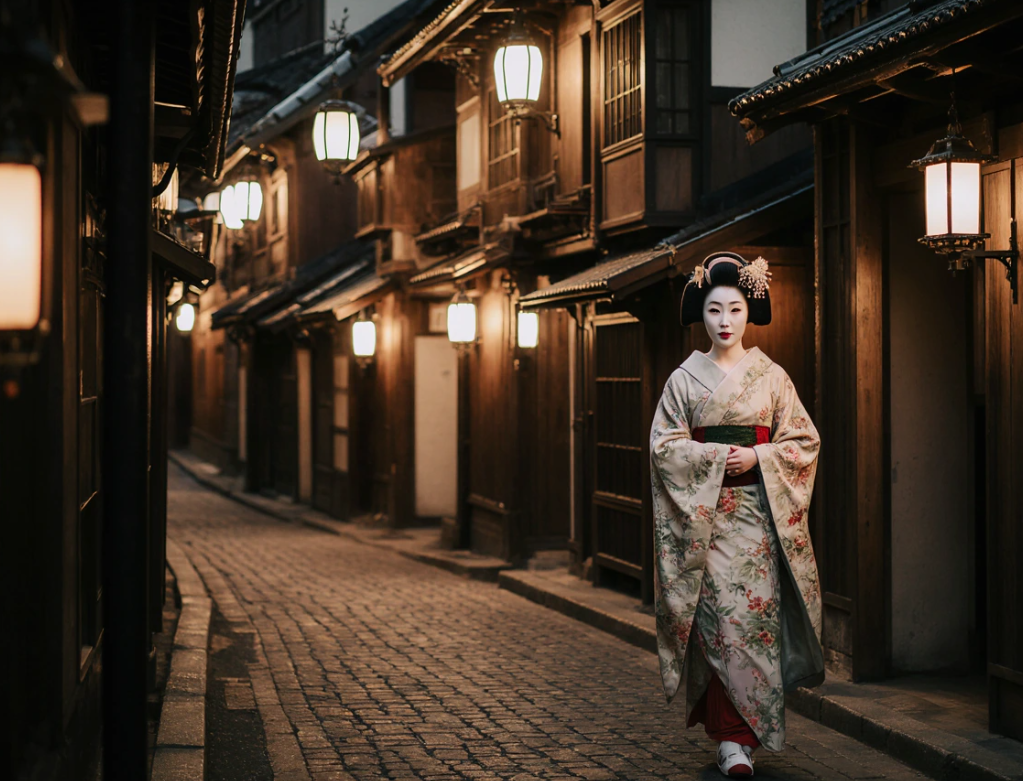 Pontocho geisha walking past teahouses and okiya in the Kyoto geisha district, illuminated by lanterns.
