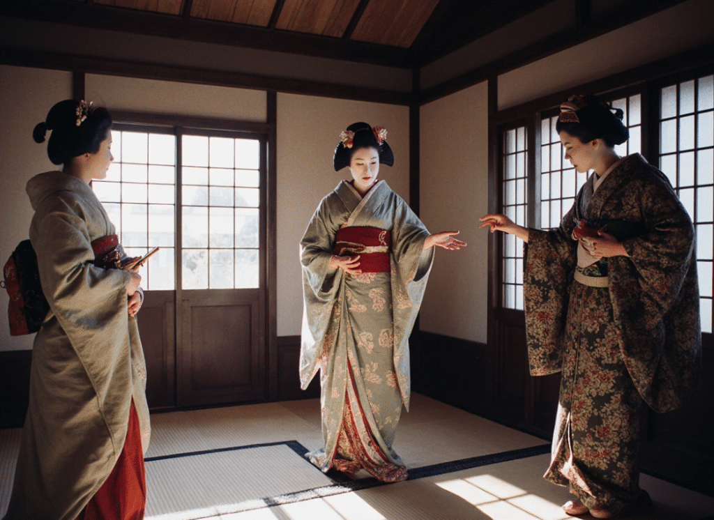 Inside a Pontocho okiya, a geisha teaches a maiko traditional tea ceremony movements.