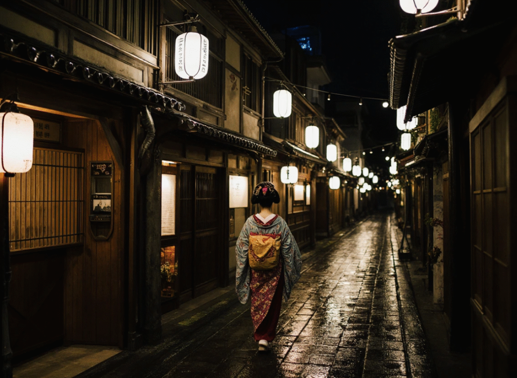 Maiko walking in Pontocho at night, passing lantern-lit teahouses in the geisha district.