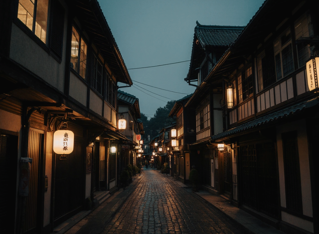 Pontocho Street at night with lanterns and Kamogawa River, near Nishiki Market and Yasaka Shrine.